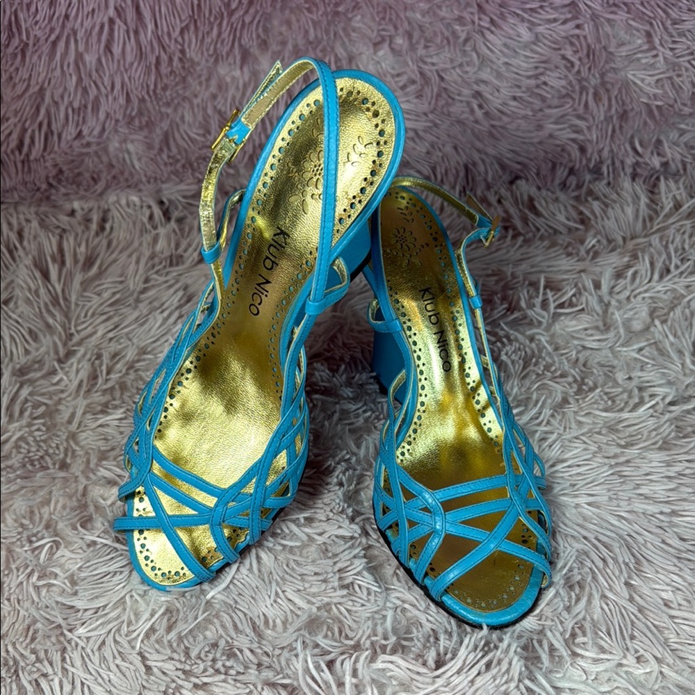 Elegant Blue and Gold Strappy Heels